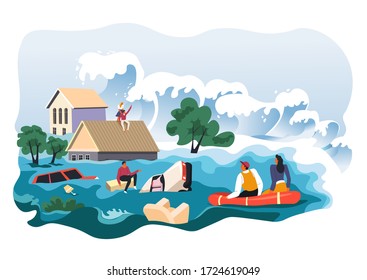Flood With High Waves Damaging People And Houses. Hurricane Or Storm Caused By Climate Change. Wrecking Properties Of Residents, Tsunami Killing Person. Escaping From Water On Boats, Vector In Flat