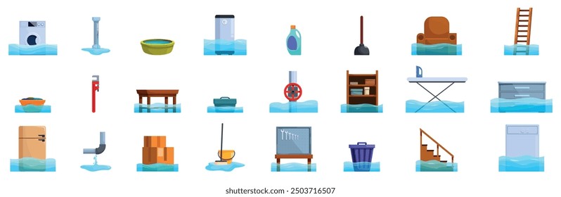 Flood house basement icons set. House flood icons set, room flooding with water, home disaster and destruction vector illustration