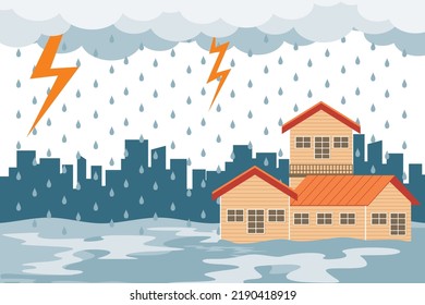 Flood house. Flood. Natural disasters. Illustration of heavy rain causing
