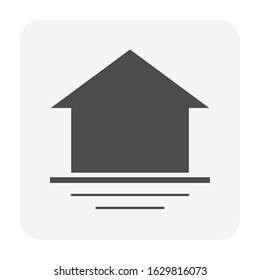 Flood house vector icon consist of floating home house or residential building, deluge water or river. Natural disaster of rain, storm, hurricane, weather. Concept of insurance, emergency and rescue.
