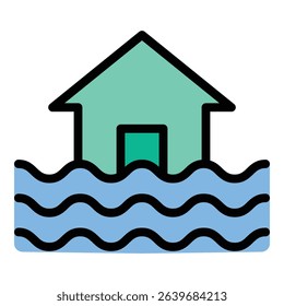 Flood icon flat line style illustration representing natural disasters and water overflow, suitable for environmental awareness, emergency response, and climate-related projects