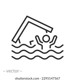 Hochwassersymbol, Person ertrinkt und ruft nach Hilfe, Haus in Wasserwellen, Zeilensymbol auf weißem Hintergrund - bearbeitbarer Strich, Vektorgrafik eps10