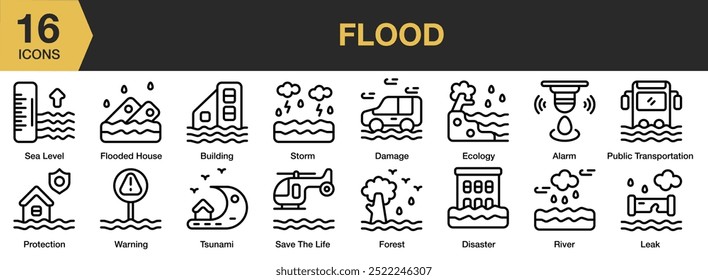 Ícone de inundação definido. Inclui alarme, construção, danos, desastre, ecologia, casa inundada e muito mais. Contornar coleção de vetores de ícones.