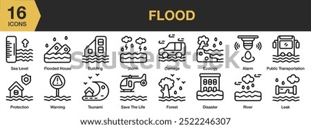 Flood icon set. Includes alarm, building, damage, disaster, ecology, flooded house, and More. Outline icons vector collection.