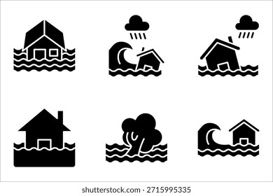 flood icon set. River water natural disaster damage home vector icon. Tsunami disaster sign, vector illustration on white background