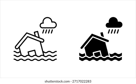 Conjunto de iconos de inundación. El agua del río daña el ícono del Vector del hogar. Signo del desastre del tsunami, Ilustración vectorial en el fondo blanco