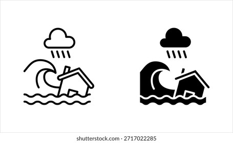 Conjunto de iconos de inundación. El agua del río daña el ícono del Vector del hogar. Signo del desastre del tsunami, Ilustración vectorial en el fondo blanco