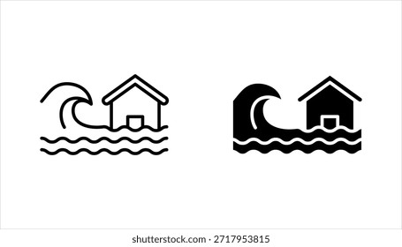 Conjunto de iconos de inundación. El agua del río daña el ícono del Vector del hogar. Signo del desastre del tsunami, Ilustración vectorial en el fondo blanco