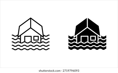 flutsymbolsatz. Flusswasser Naturkatastrophe Schaden Heimvektor Symbol. Tsunami-Katastrophenschild, Vektorgrafik auf weißem Hintergrund