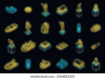 Flood icons set. Isometric set of flood vector icons neon color on black