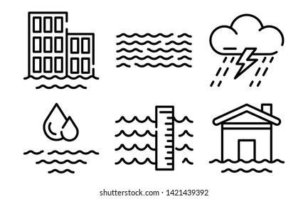 Flood icons set. Outline set of flood vector icons for web design isolated on white background