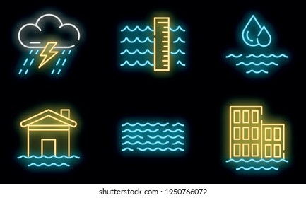 Flood icons set. Outline set of flood vector icons neon color on black