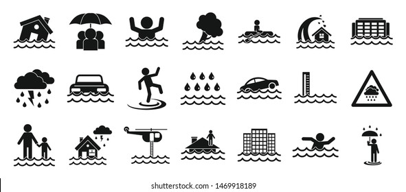 Flood icons set. Simple set of flood vector icons for web design on white background