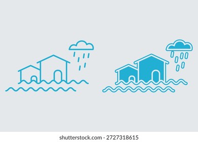 Ilustración de inundación en dos estilos diferentes. Casas sumergidas por las inundaciones. Desastre natural. Alta precipitación, Ilustración vectorial.