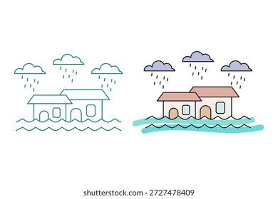Flood illustration in two different styles. Houses submerged by flood. Natural disaster. Rainy season, vector illustration.