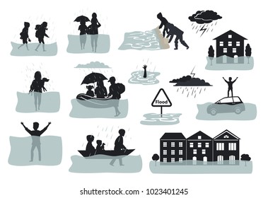 flood infographic silhouette elements. flooded houses, city, car, people escape from floodwaters leaving houses, homes, rescue families animals, building sandbag barrier for protection, signs, symbols