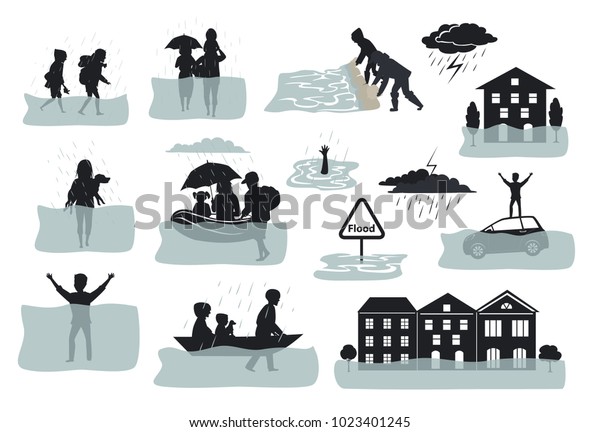 flood infographic silhouette elements. flooded
houses, city, car, people escape from floodwaters leaving houses,
homes, rescue families animals, building sandbag barrier for
protection, signs,
symbols