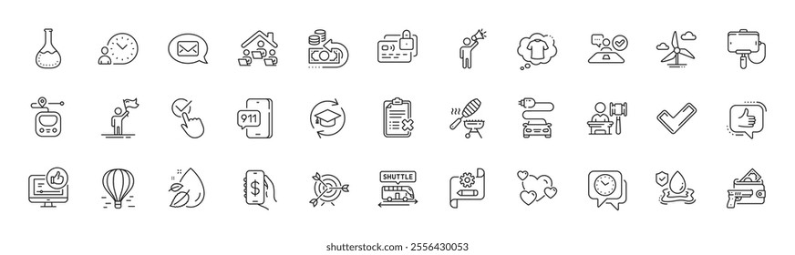 Flood insurance, Checkbox and Chemistry lab line icons. Pack of Air balloon, Messenger, Heart icon. Card, Continuing education, Money app pictogram. Emergency call, Like video, Tick. Vector