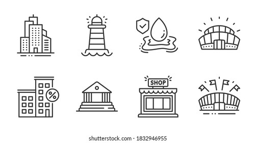 Flood insurance, Sports stadium and Skyscraper buildings line icons set. Sports arena, Court building and Shop signs. Lighthouse, Loan house symbols. Quality line icons. Flood insurance badge. Vector