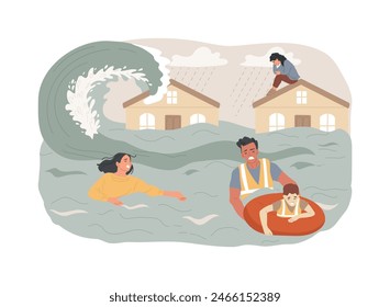 Ilustración vectorial de concepto aislado de inundación. Desastres naturales, flujo de agua, lluvias torrenciales, ciclones tropicales y tsunamis, desbordamiento de lagos, contaminación del agua, cambio climático concepto de Vector.