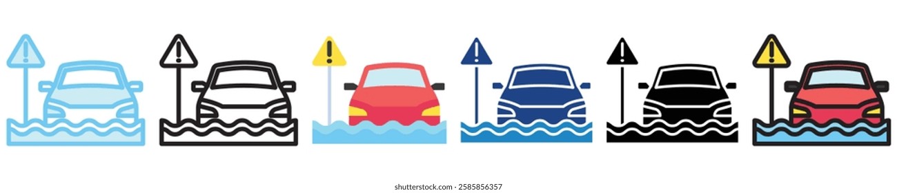 Flood multi style, mini illustration icon. outline, flat, glyph, line color, UI, UX kit, app, web development, digital or print. For education, construction, transportation, traffic management.