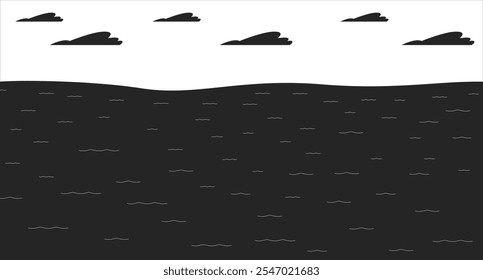 Flood natural disaster black and white line illustration. Climate crisis problems. Water level rising during heavy rains 2D landscape monochrome backdrop. Global warming impact outline vector