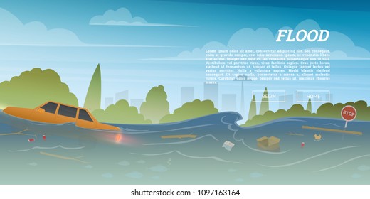 Flood or natural disaster in city concept. Floating garbage and car during deluge in high water, overflow and big waves. Time of evacuation during cataclysm. Landscape Background for poster or card.