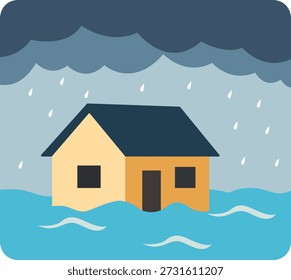 Flood natural disaster flat vector illustration with heavy rain and a house submerged in rising water