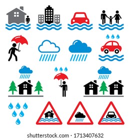 Flood, natural disaster, heavy rain icons set - climate change, ecology environment, natural disaster concept.
 
Nature vector icons - flood, danger isolated on white 
 