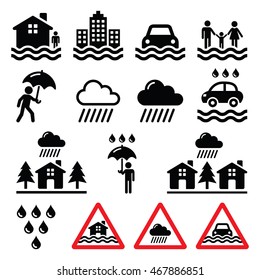 Flood, natural disaster, heavy rain icons set 