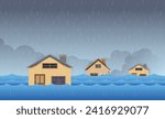 Flood natural disaster with house, heavy rain and storm , damage with home, clouds and rain, flooding water in city.
