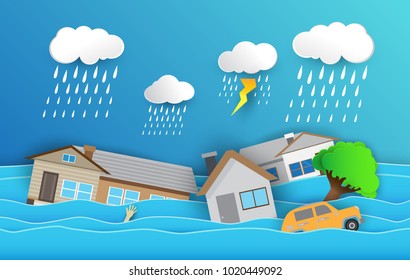 Flood natural disaster with house, heavy rain and storm , damage with home, flooding water in city