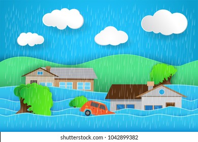 Flood natural disaster with house, heavy rain and storm , damage with home, flooding water in city 
