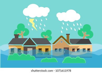 Flood natural disaster with house, heavy rain and storm , damage with home, flooding water in city