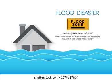 Flood Natural Disaster With House, Heavy Rain And Storm , Damage With Home, Flooding Water In City