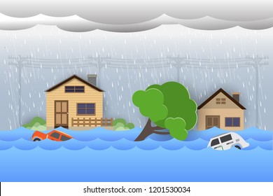 Flood natural disaster with house, heavy rain and storm , damage with home, flooding water in city