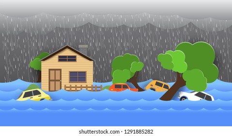 Flood natural disaster with house, heavy rain and storm , damage with home, clouds and rain, flooding water in city,Flooded house, falling tree