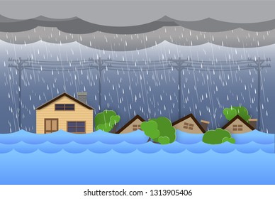 Flood natural disaster with house, heavy rain and storm , damage with home, clouds and rain, flooding water in city, Flooded house.