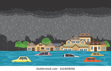 Flood Natural Disaster With House, Heavy Rain And Storm , Damage With Home, Flooding Water In City