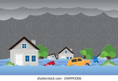 Flood Natural Disaster With House, Heavy Rain And Storm , Damage With Home, Flooding Water In City