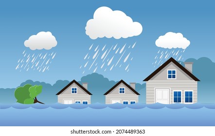 Flood Natural Disaster With House, Heavy Rain And Storm , Damage With Home, Clouds And Rain, Flooding Water In City, Flooded House.
