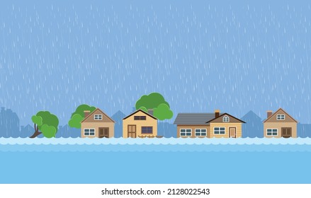 Flood natural disaster with house, heavy rain and storm , damage with home, clouds and rain, flooding water in city, Flooded house.