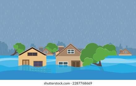 Flood natural disaster with house, heavy rain and storm , damage with home, clouds and rain, flooding water in city, Flooded house.