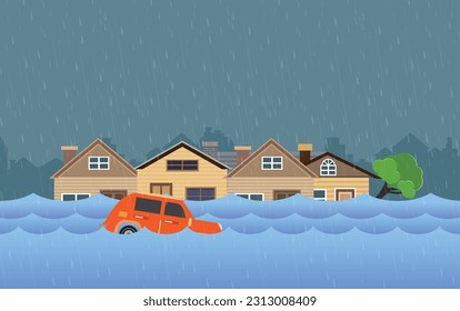 Flood natural disaster with house, heavy rain and storm , damage with home, clouds and rain, flooding water in city, Flooded house.