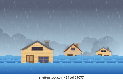 Flood natural disaster with house, heavy rain and storm , damage with home, clouds and rain, flooding water in city.
