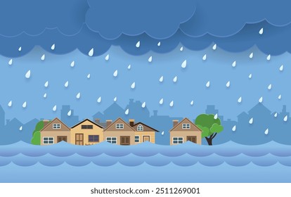 Inundar desastre natural com casa, chuva forte e tempestade , danos em casa, nuvens e chuva, enchendo a água na cidade, Casa inundada.