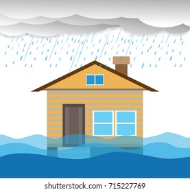 Flood natural disaster with house, heavy rain and storm , damage with home, clouds and rain, flooding water in city, Flooded house.