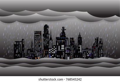 Flood natural disaster with house, heavy rain and storm , damage with home, clouds and rain, flooding water in city, flooded house.