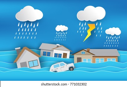 Flood Natural Disaster With House, Heavy Rain And Storm , Damage With Home, Flooding Water In City