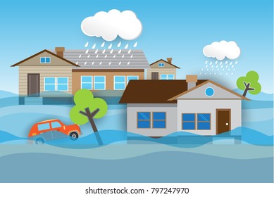 Flood natural disaster with house, heavy rain and storm , damage with home, clouds and rain, flooding water in city, flooded house.